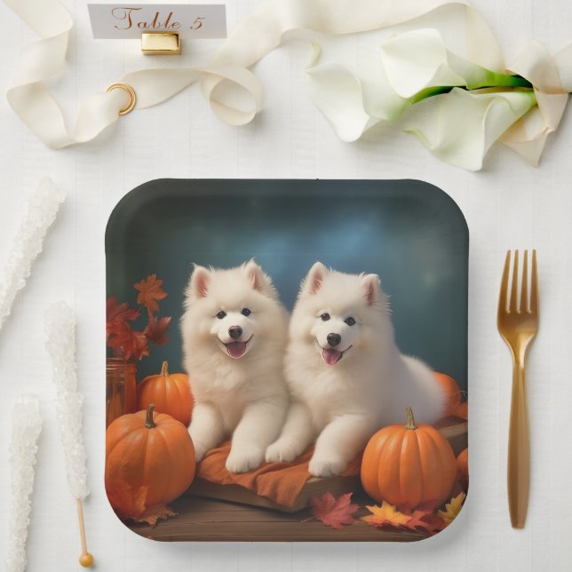 Samoyed Puppy Autumn Delight Pumpkin  Paper Plate (Wedding)