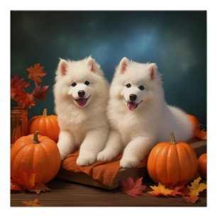 Samoyed Puppy Autumn Delight Pumpkin Poster