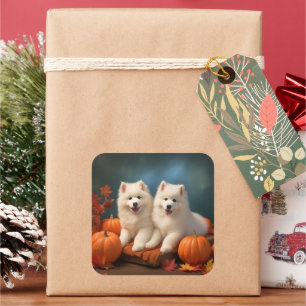 Samoyed Puppy Autumn Delight Pumpkin Square Sticker