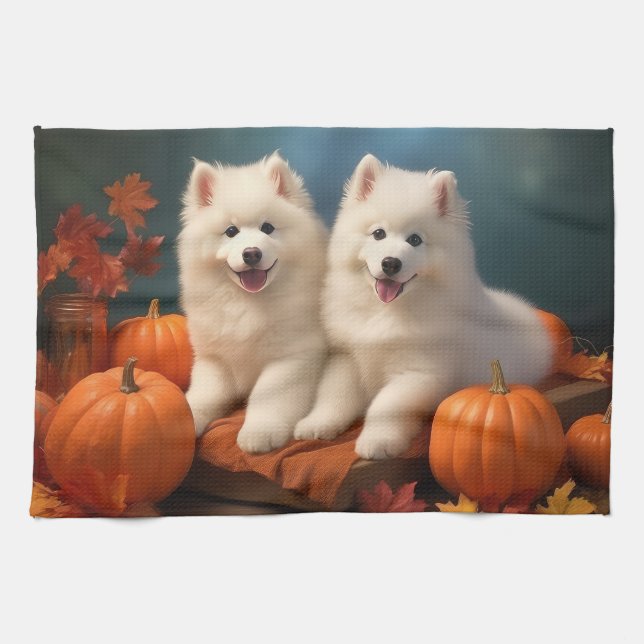 Samoyed Puppy Autumn Delight Pumpkin  Tea Towel (Horizontal)