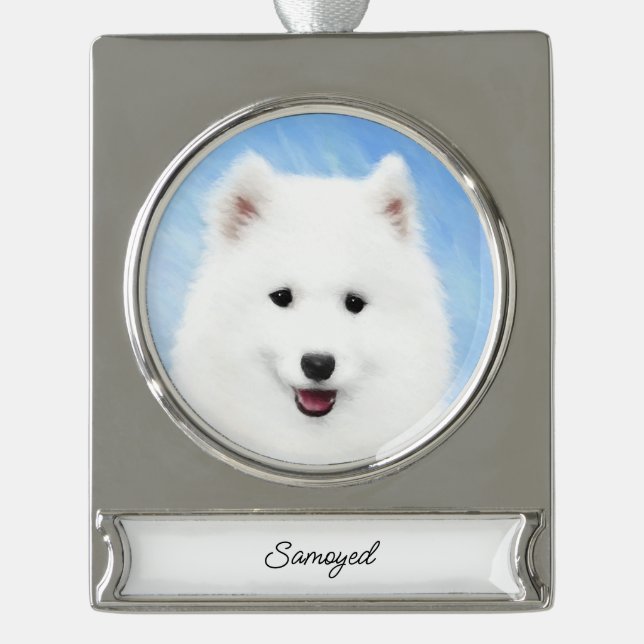 Samoyed Puppy Painting - Cute Original Dog Art Sil Silver Plated Banner Ornament (Front)