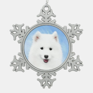 Samoyed Puppy Painting - Cute Original Dog Art Snowflake Pewter Christmas Ornament
