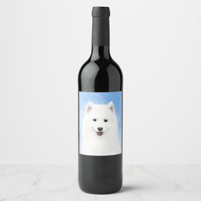 Samoyed Puppy Painting - Cute Original Dog Art Wine Label (Front)