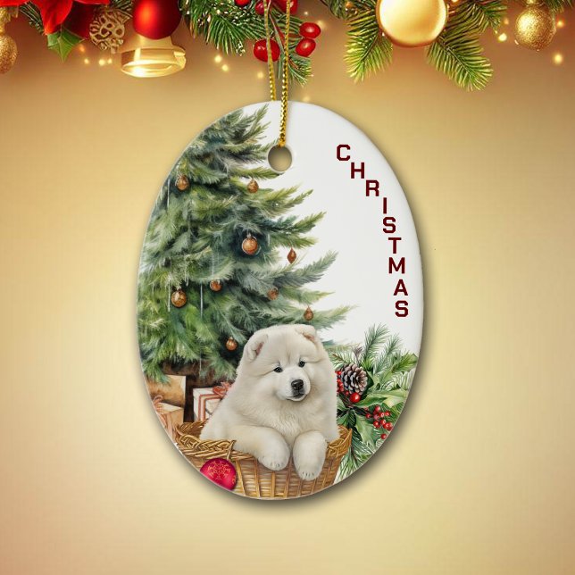 Samoyed Puppy Wicker Basket Christmas Ceramic Ornament (Creator Uploaded)