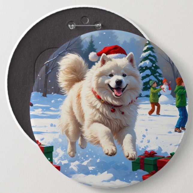 Samoyed Running in Snow with Christmas Hat 6 Cm Round Badge (Front & Back)
