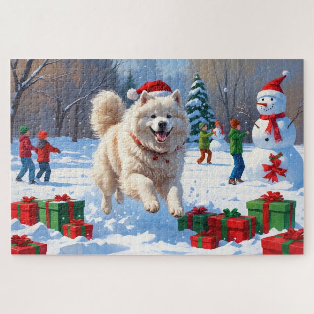 Samoyed Running in Snow with Christmas Hat Jigsaw Puzzle (Horizontal)