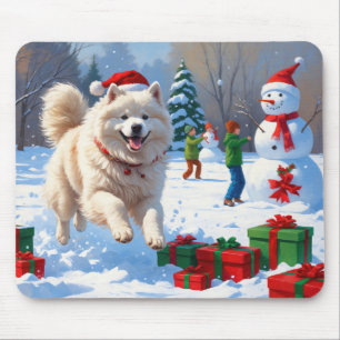 Samoyed Running in Snow with Christmas Hat Mouse Pad