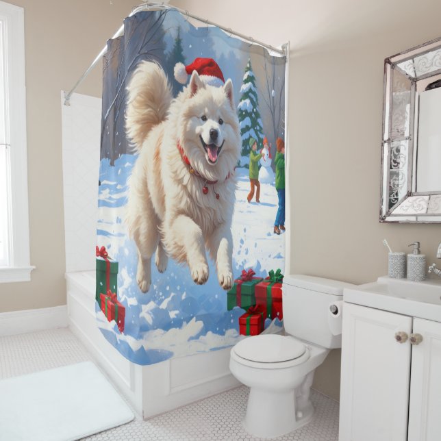 Samoyed Running in Snow with Christmas Hat Shower Curtain (In Situ)