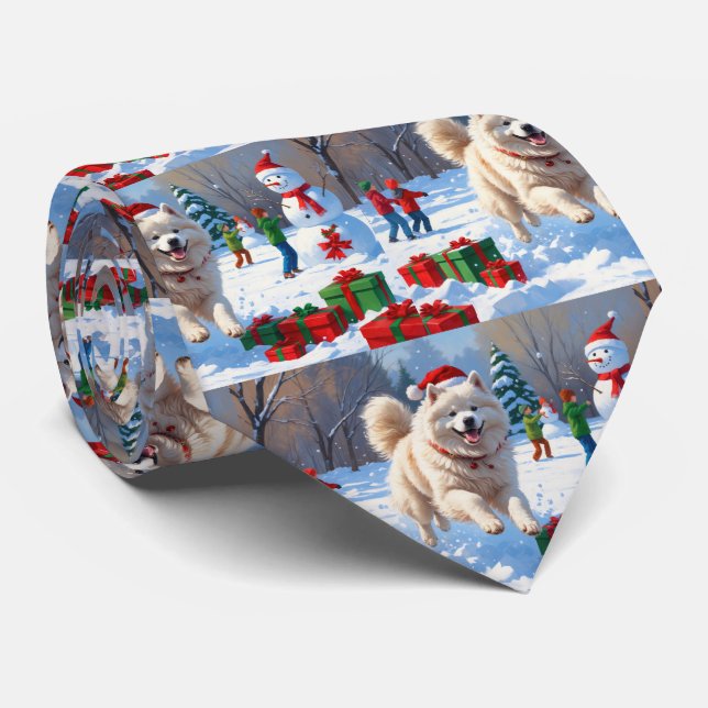 Samoyed Running in Snow with Christmas Hat Tie (Rolled)