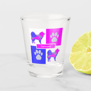 Samoyed Silhouette Dog & Paw Pink Blue Square Shot Glass