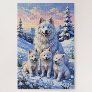 Samoyed Snowdrop Meadow Art Jigsaw Puzzle