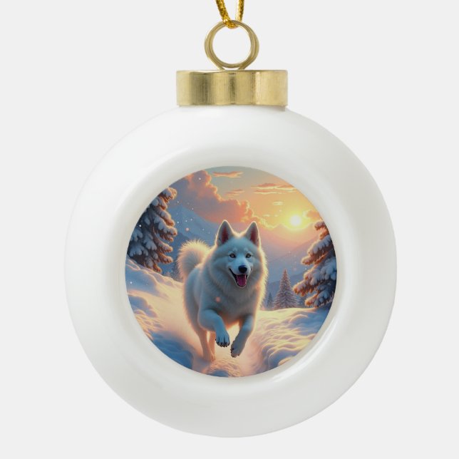 Samoyed Snowy Mountain Adventure Christmas Ceramic Ball Christmas Ornament (Front)