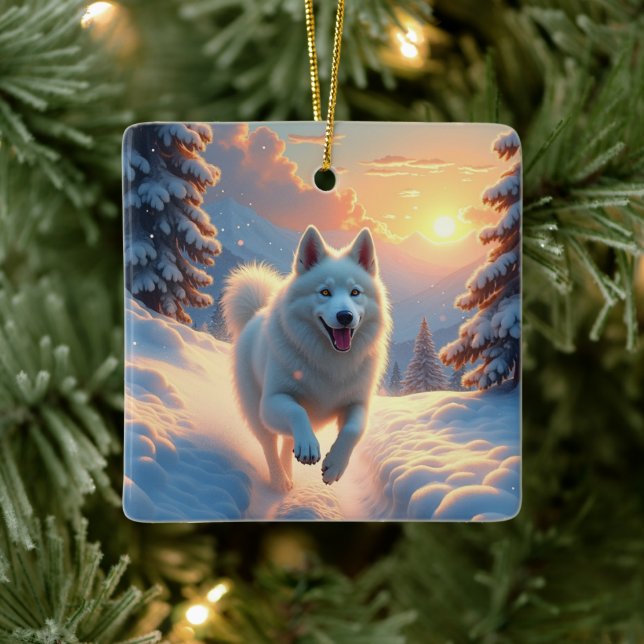 Samoyed Snowy Mountain Adventure Christmas Ceramic Ornament (Tree)