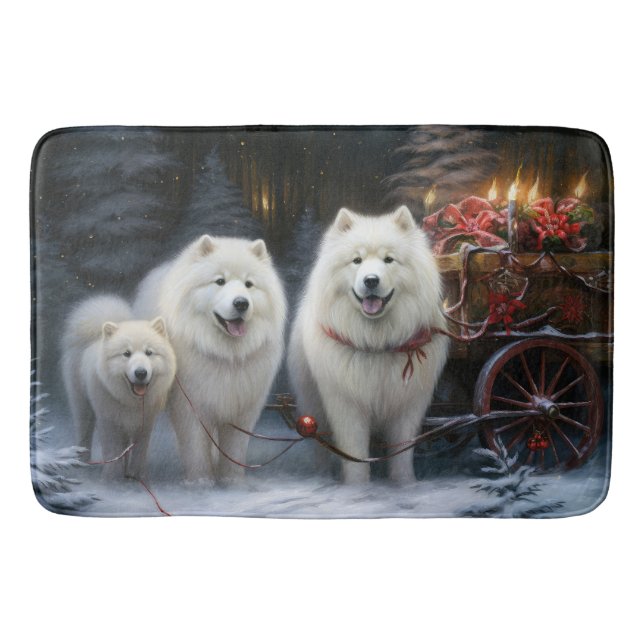 Samoyed Snowy Sleigh Christmas Decor Bath Mat (Front)