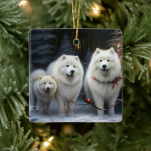 Samoyed Snowy Sleigh Christmas Decor Ceramic Ornament