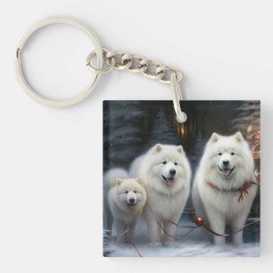 Samoyed Snowy Sleigh Christmas Decor Key Ring