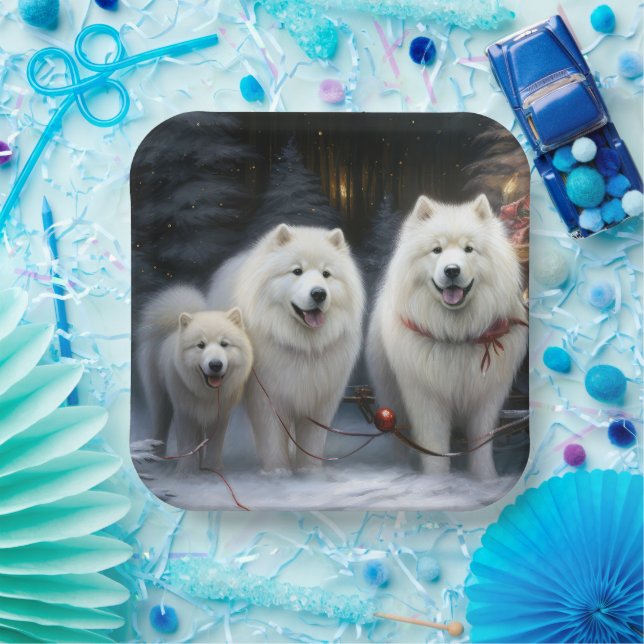 Samoyed Snowy Sleigh Christmas Decor Paper Plate (Party)