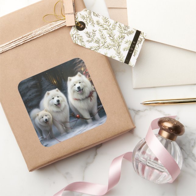 Samoyed Snowy Sleigh Christmas Decor Square Sticker (Gifting)