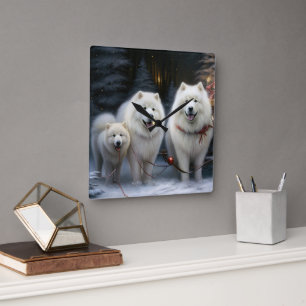 Samoyed Snowy Sleigh Christmas Decor Square Wall Clock