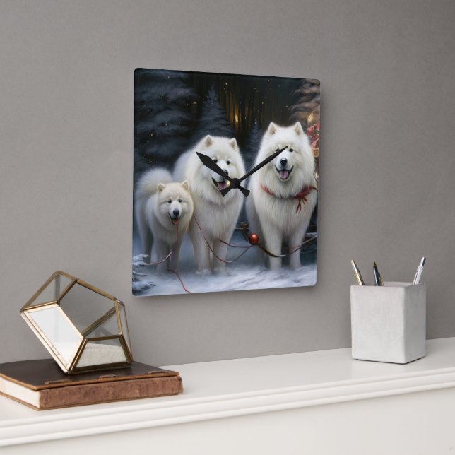 Samoyed Snowy Sleigh Christmas Decor Square Wall Clock (Office)