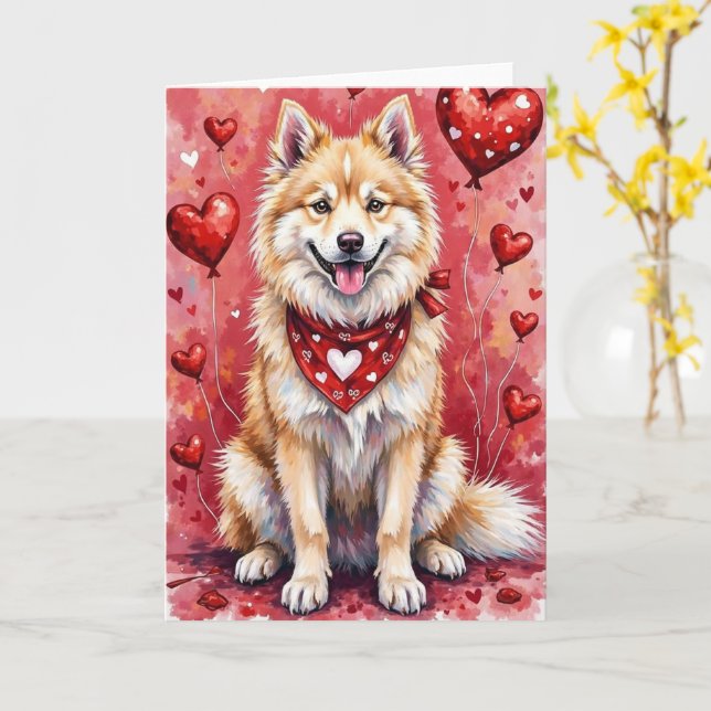 Samoyed Valentine’s Day Dog with Hearts Red Card (Yellow Flower)