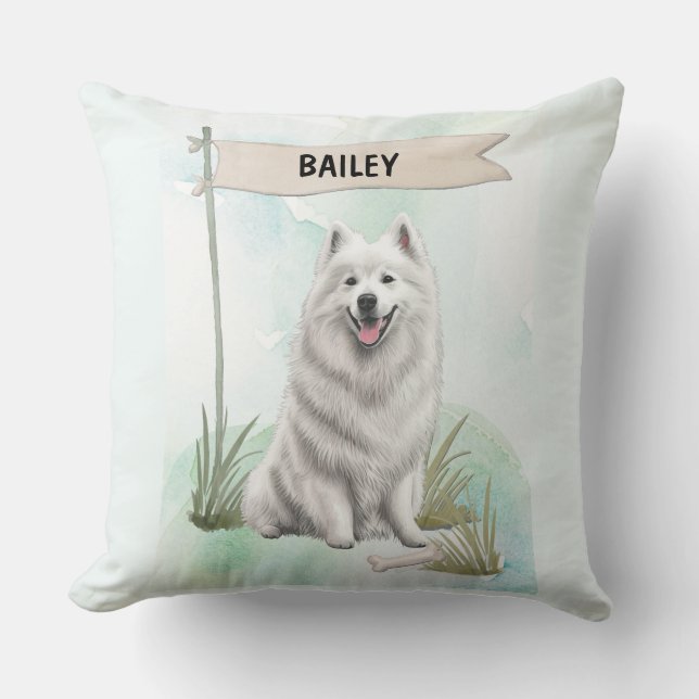 Samoyed Watercolor Personalised Dog Cushion (Front)