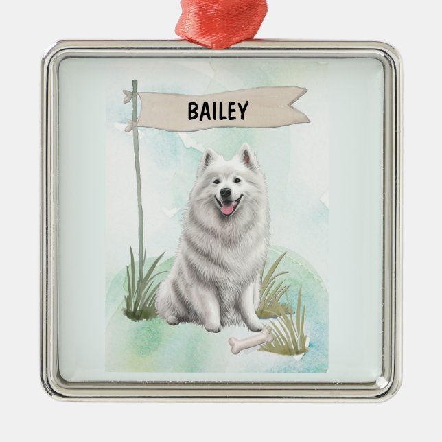 Samoyed Watercolor Personalised Dog Metal Ornament (Front)