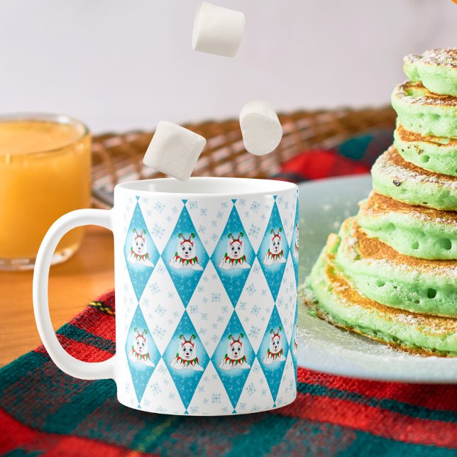Samoyed Winter Holiday Diamond Pattern  Coffee Mug (Diamond-dazzling elf pup brings joy, warm sips, and snowy smiles! )