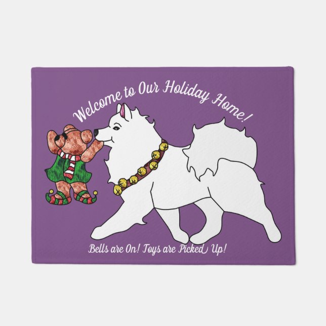Samoyed with Bells On! Holiday Door Mat, Non-Slip  Doormat (Front)