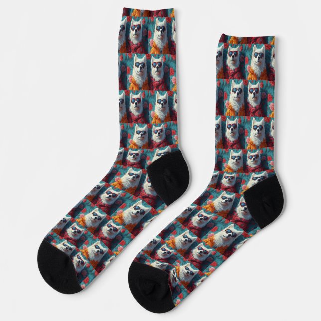 Samoyed with Heart Roses Valentine's Day Socks (Left)
