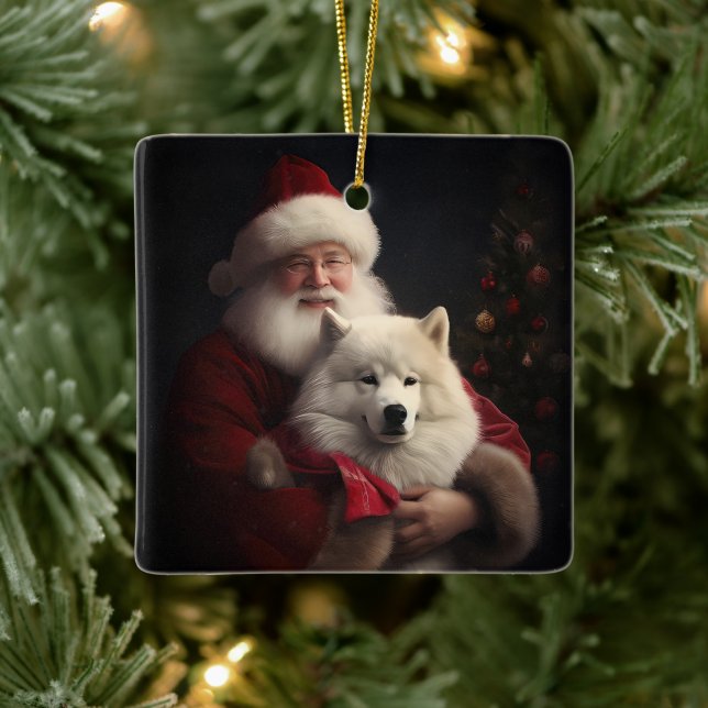 Samoyed With Santa Claus Festive Christmas Ceramic Ornament (Tree)