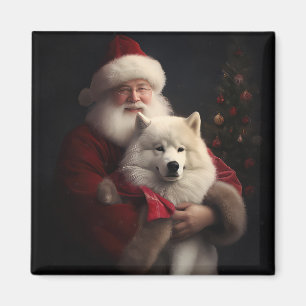 Samoyed With Santa Claus Festive Christmas Magnet