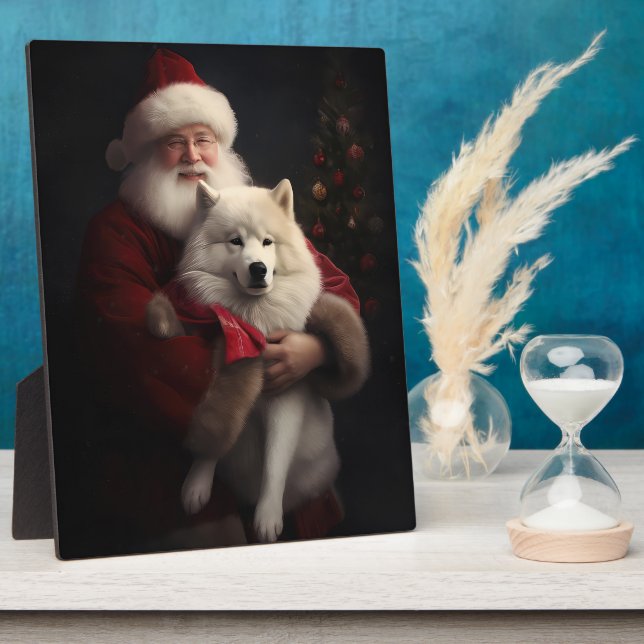 Samoyed With Santa Claus Festive Christmas Plaque (Side)