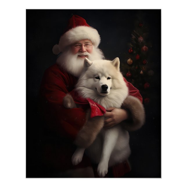 Samoyed With Santa Claus Festive Christmas Poster (Front)