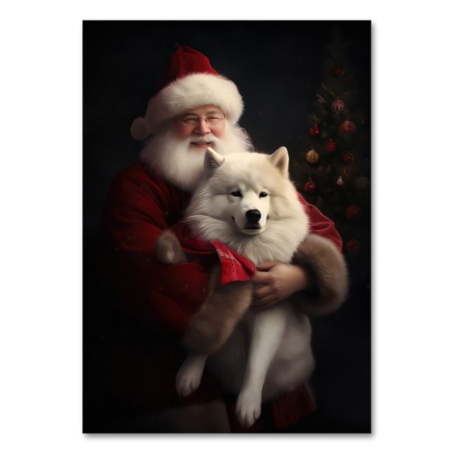 Samoyed With Santa Claus Festive Christmas Table Number (Front)