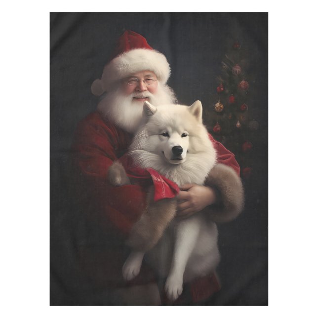 Samoyed With Santa Claus Festive Christmas Tablecloth (Front)