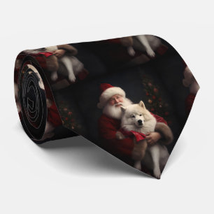 Samoyed With Santa Claus Festive Christmas Tie