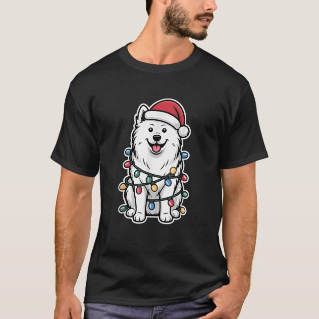 Samoyed Wrapped in Christmas Lights  T-Shirt (Front)