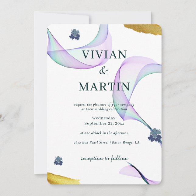 Sample classic golden purple green wedding invitation (Front)