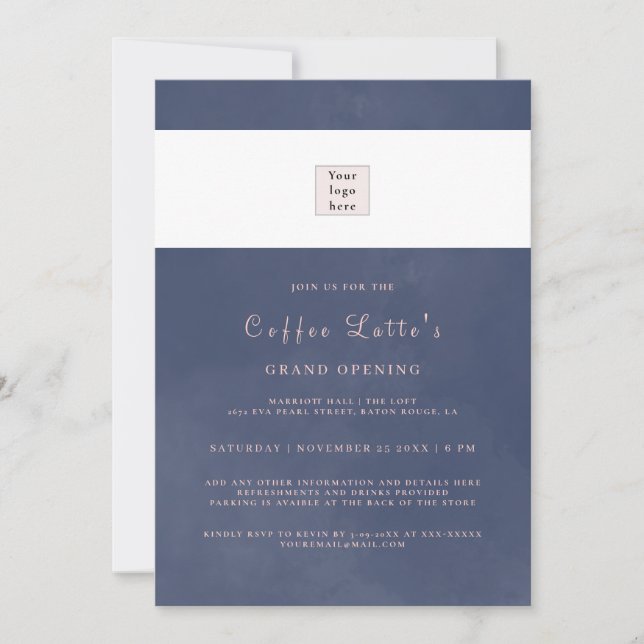 Sample Classic Navy Blue Smoke Business Opening Invitation (Front)