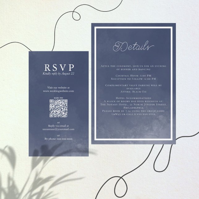 Sample Navy Blue Typography Wedding QR RSVP Enclosure Card (Creator Uploaded)
