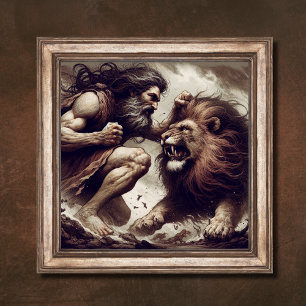 Samson Fights Lion Bible Story Art Poster