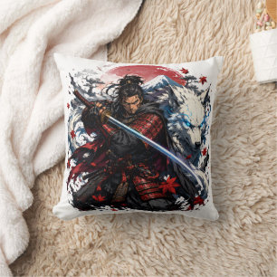 Samurai and White Wolf Mug   Japanese Warrior Fant Cushion