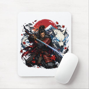 Samurai and White Wolf Mug   Japanese Warrior Fant Mouse Pad
