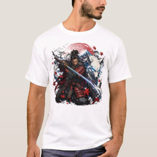Samurai and White Wolf Mug Japanese Warrior Fant T-Shirt