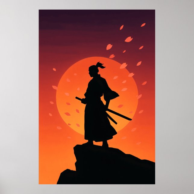 Samurai at Sunset Poster – Minimalist Silhouette W (Front)
