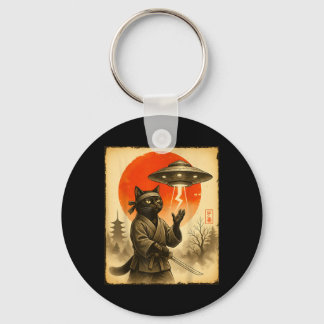 Samurai Black Cat Alien Ufo Japanese Warrior Cat Key Ring