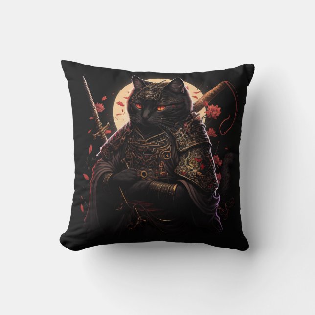Samurai Black Cat Cushion (Front)