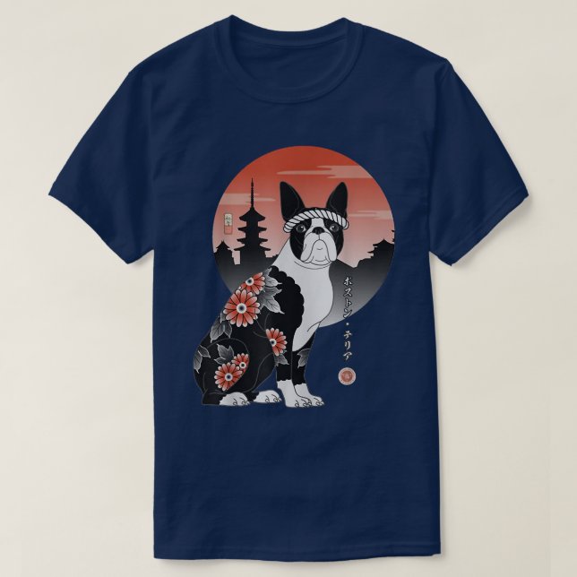 Samurai Boston Terrier Ukiyo-e Japanese Warrior Lo T-Shirt (Design Front)