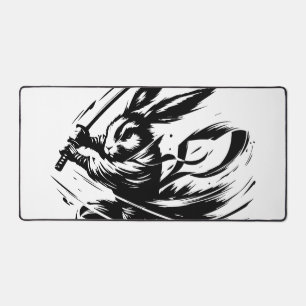 Samurai Bunny Black Ink Warrior Rabbit Desk Mat
